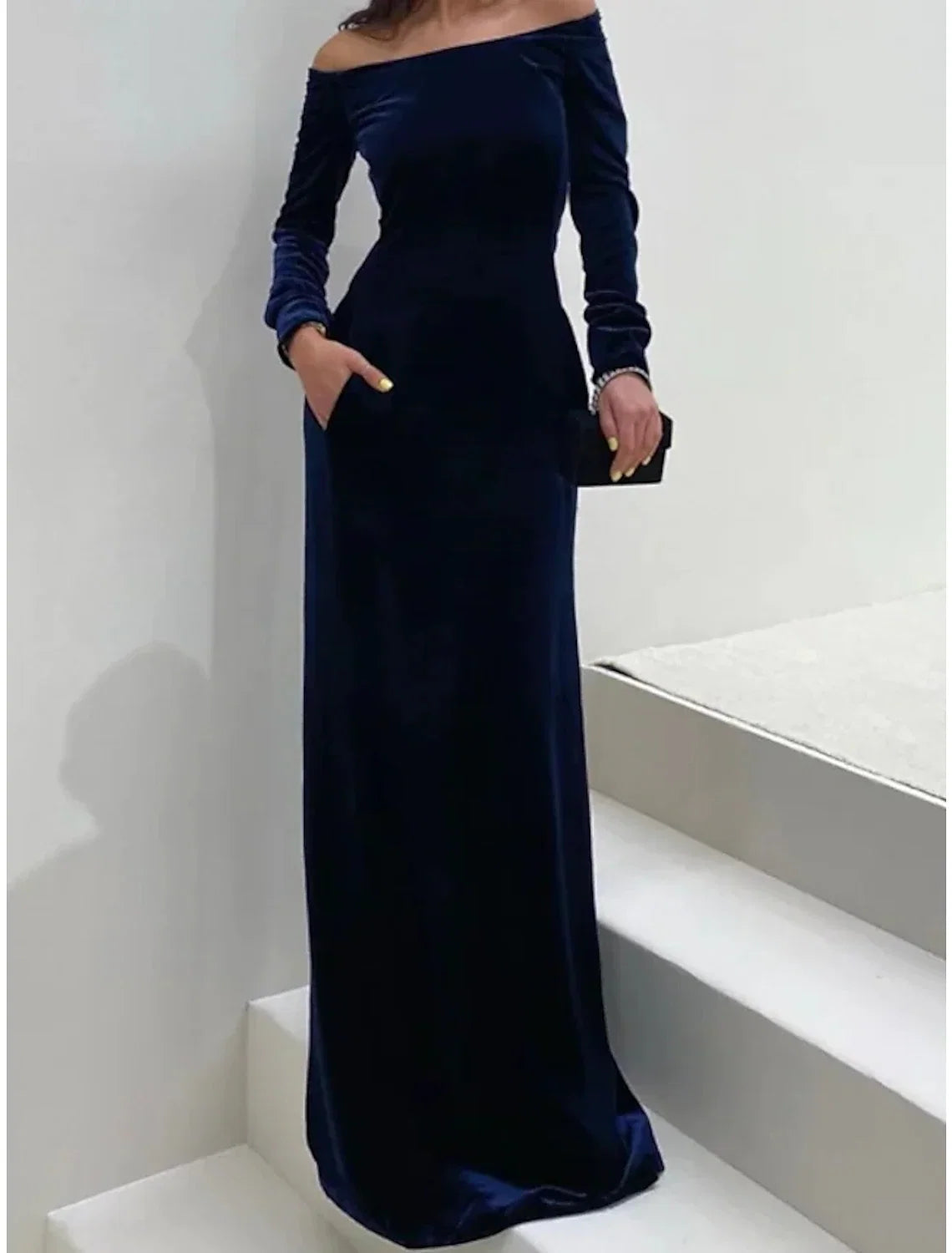 Black Sheath Off-Shoulder Velvet Long Sleeve Floor-Length Wedding Dress - Chloe Dress