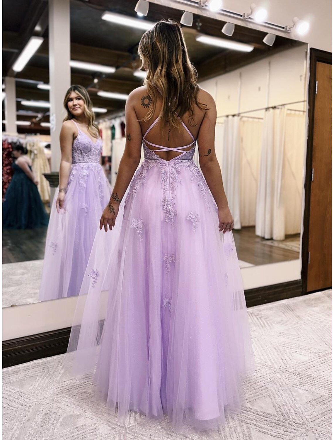A-Line V-Neck Tulle Sleeveless Open Back High Slit Floor-Length Evening Gown - Chloe Dress