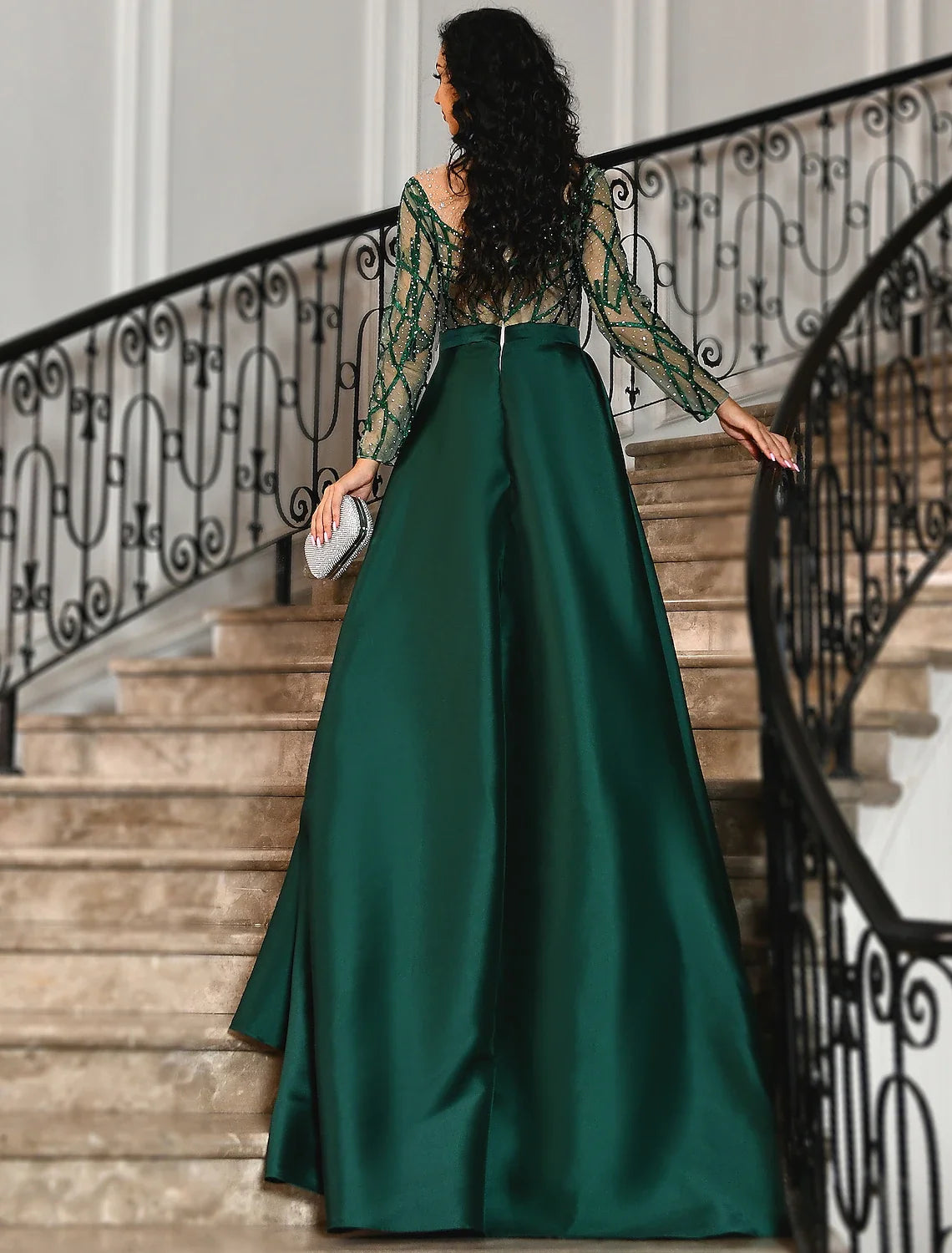 Black A-Line Off-Shoulder Satin Three-Quarter Sleeve Applique Floor-Length Evening Gown - Chloe Dress