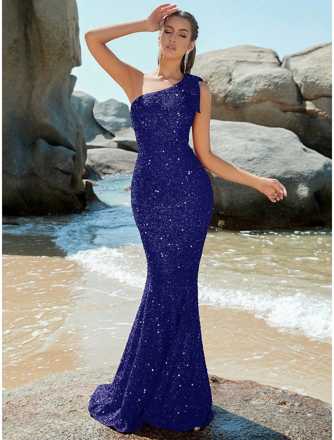 Mermaid One-Shoulder Sequin Sleeveless Train Evening Gown - Chloe Dress