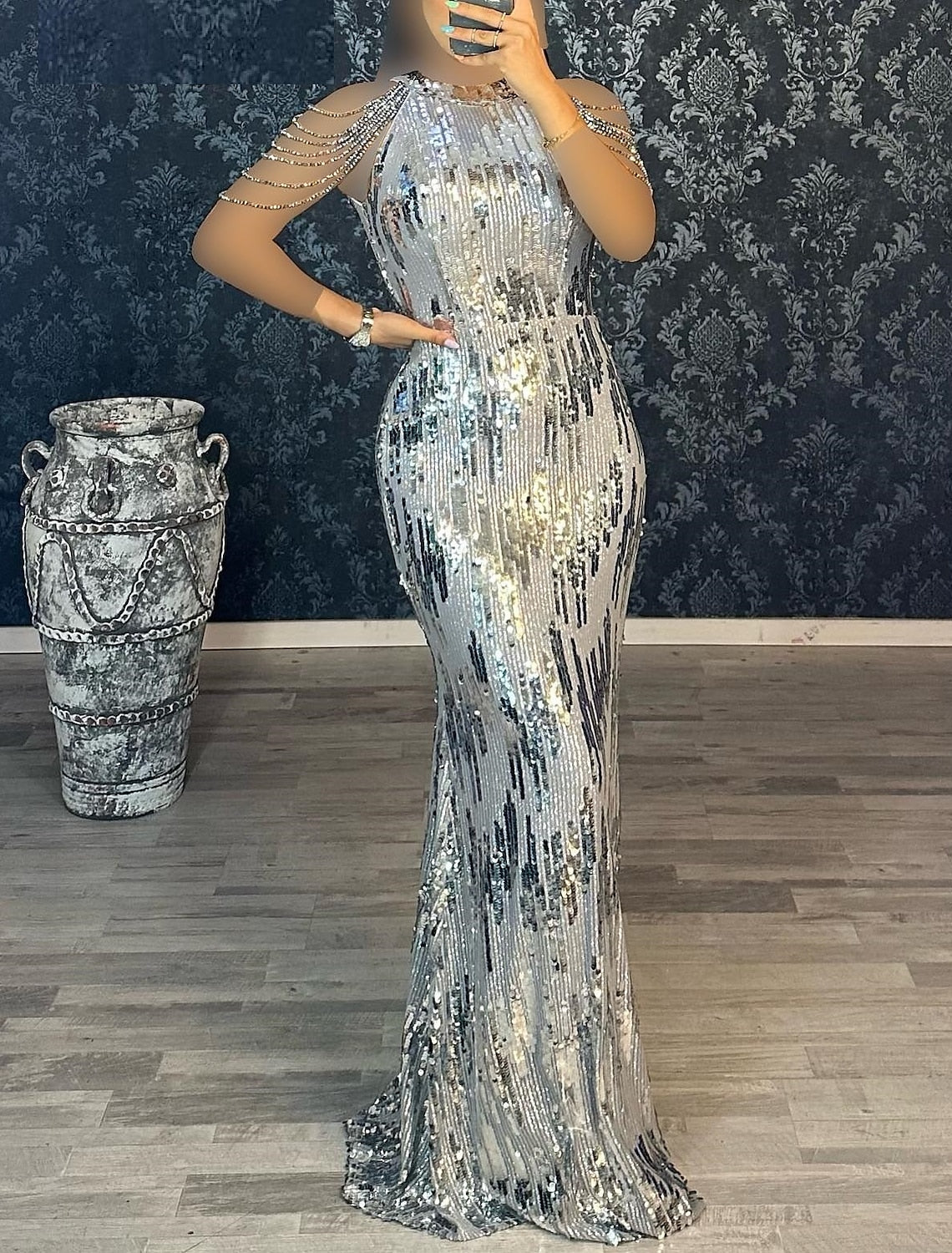 Black Mermaid Sequin Short Sleeve Floor-Length Evening Gown - Chloe Dress