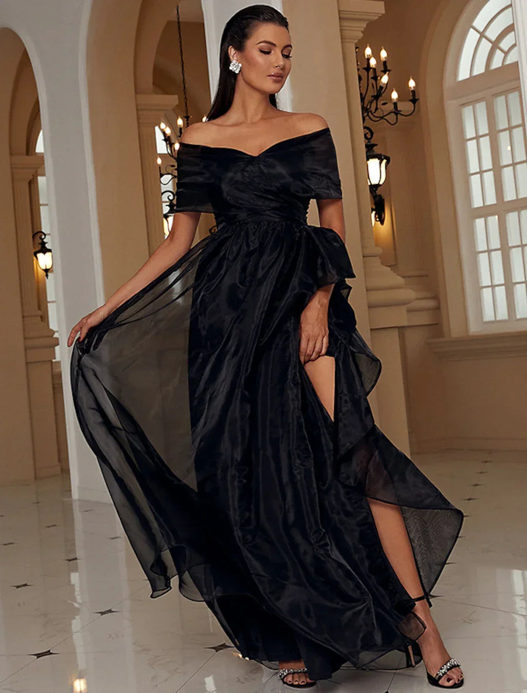 A-Line Off-Shoulder Polyester Short Sleeve High Slit Floor-Length Evening Gown - Chloe Dress