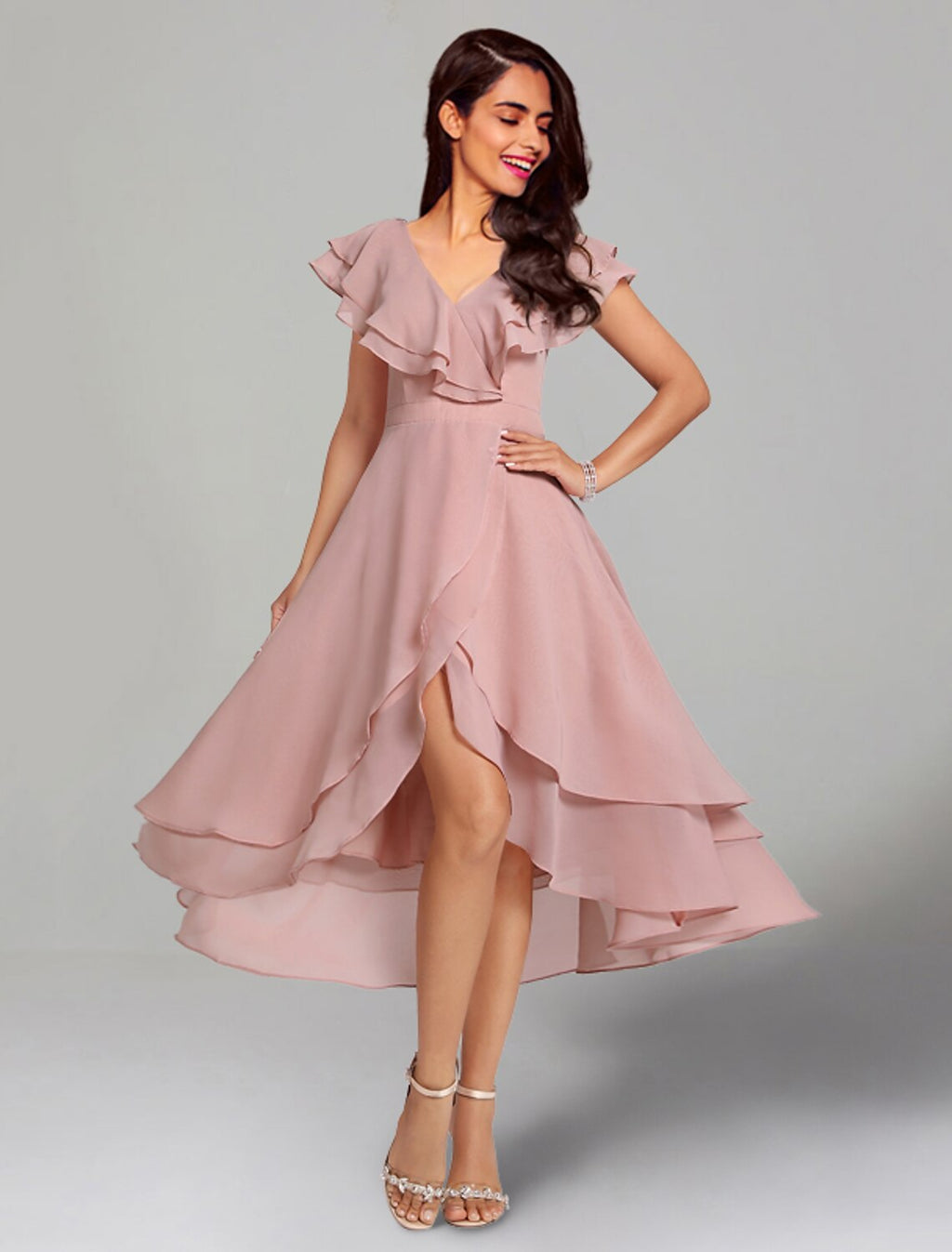 A-Line V-Neck Chiffon Short Sleeve High Slit Mini Wedding Dress - Chloe Dress