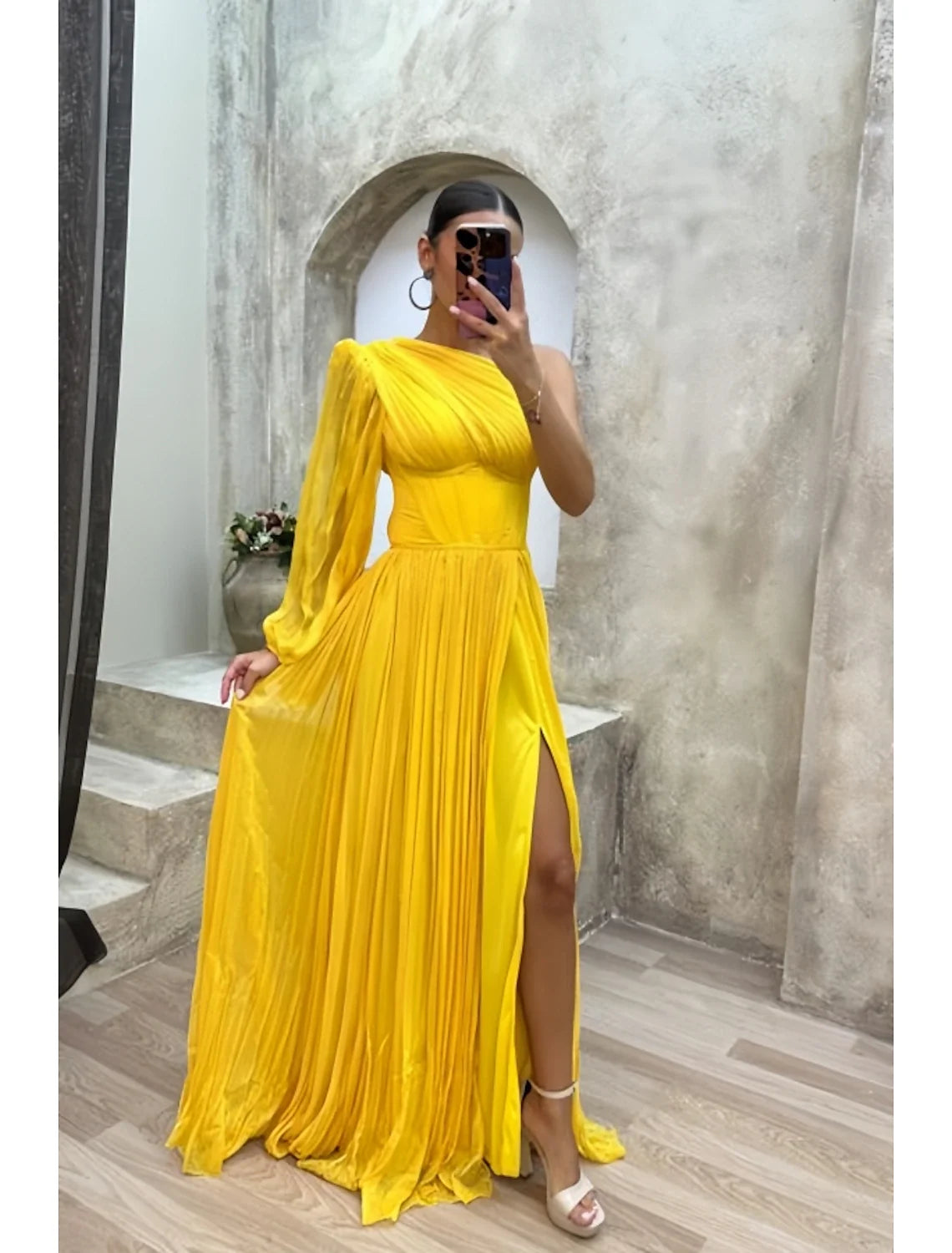 A-Line One-Shoulder Chiffon Long Sleeve High Slit Evening Gown - Chloe Dress