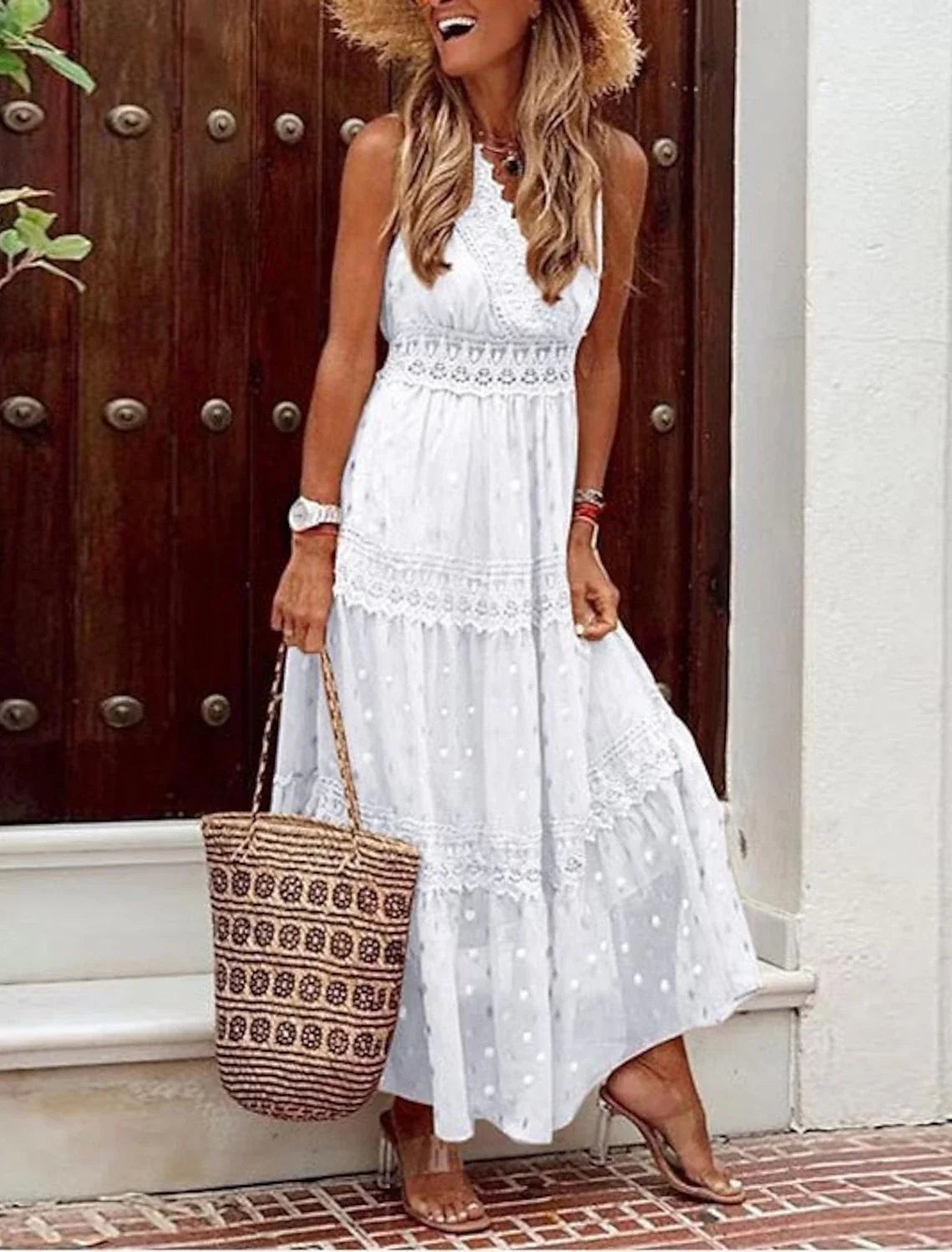 White A-Line V-Neck Chiffon Sleeveless Applique Ankle-Length Wedding Gown - Chloe Dress
