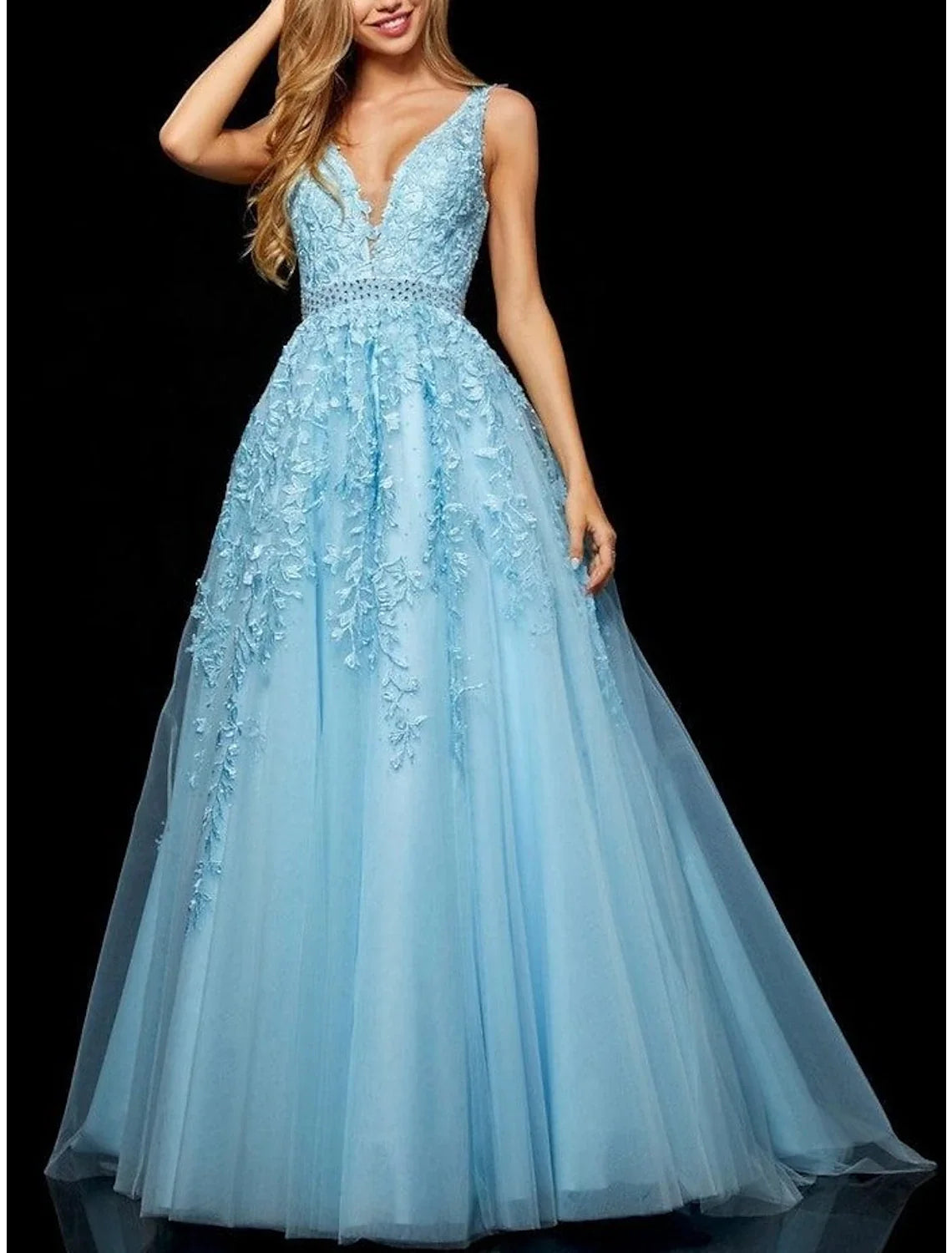 A-Line V-Neck Tulle Sleeveless Applique Floor-Length Prom Dress - Chloe Dress