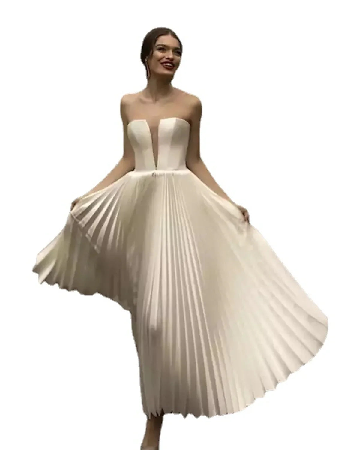 White A-Line Sweetheart Lace Pleated Ankle-Length Wedding Gown - Chloe Dress