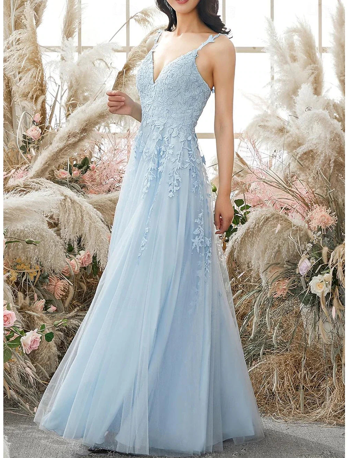 Sheath Spaghetti Strap Tulle Sleeveless Applique Floor-Length Prom Dress - Chloe Dress