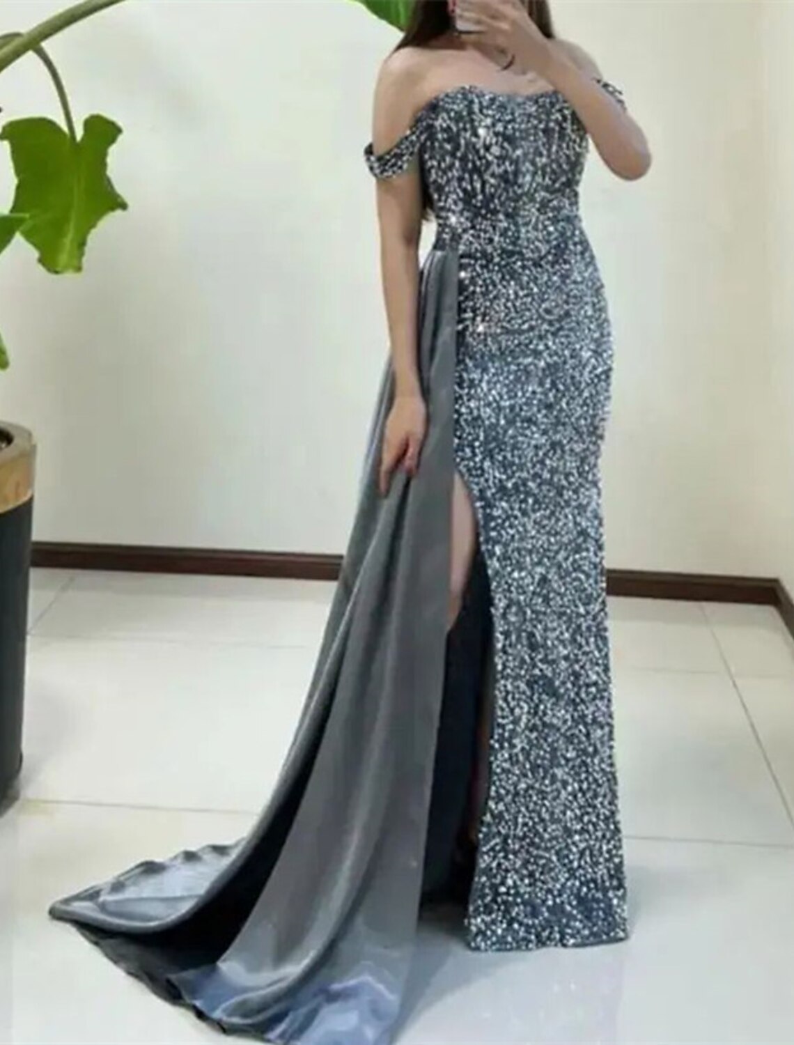 Mermaid Off-Shoulder Sequin Sleeveless High Slit Evening Gown - Chloe Dress