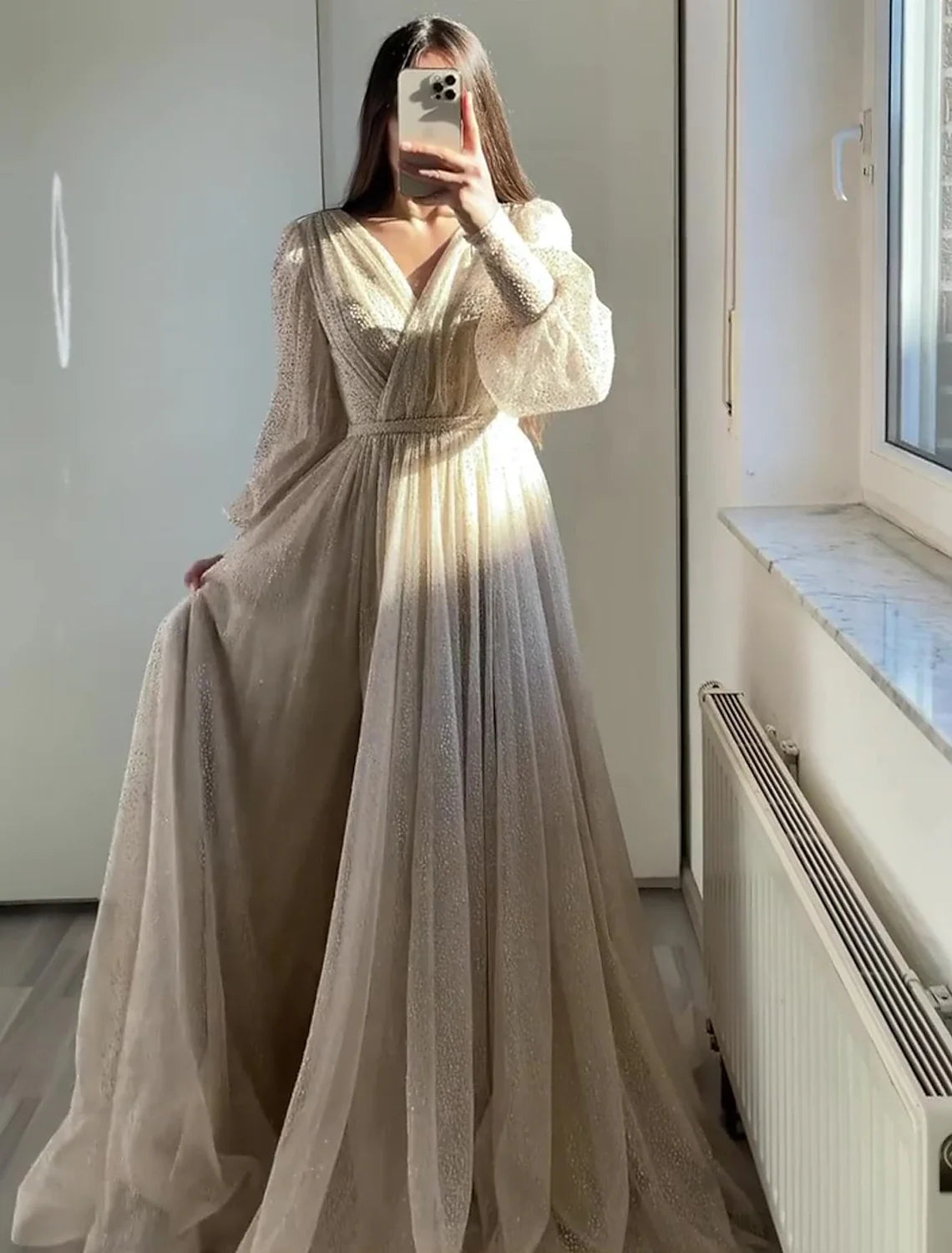 Black A-Line V-Neck Tulle Long Sleeve Floor-Length Prom Dress - Chloe Dress