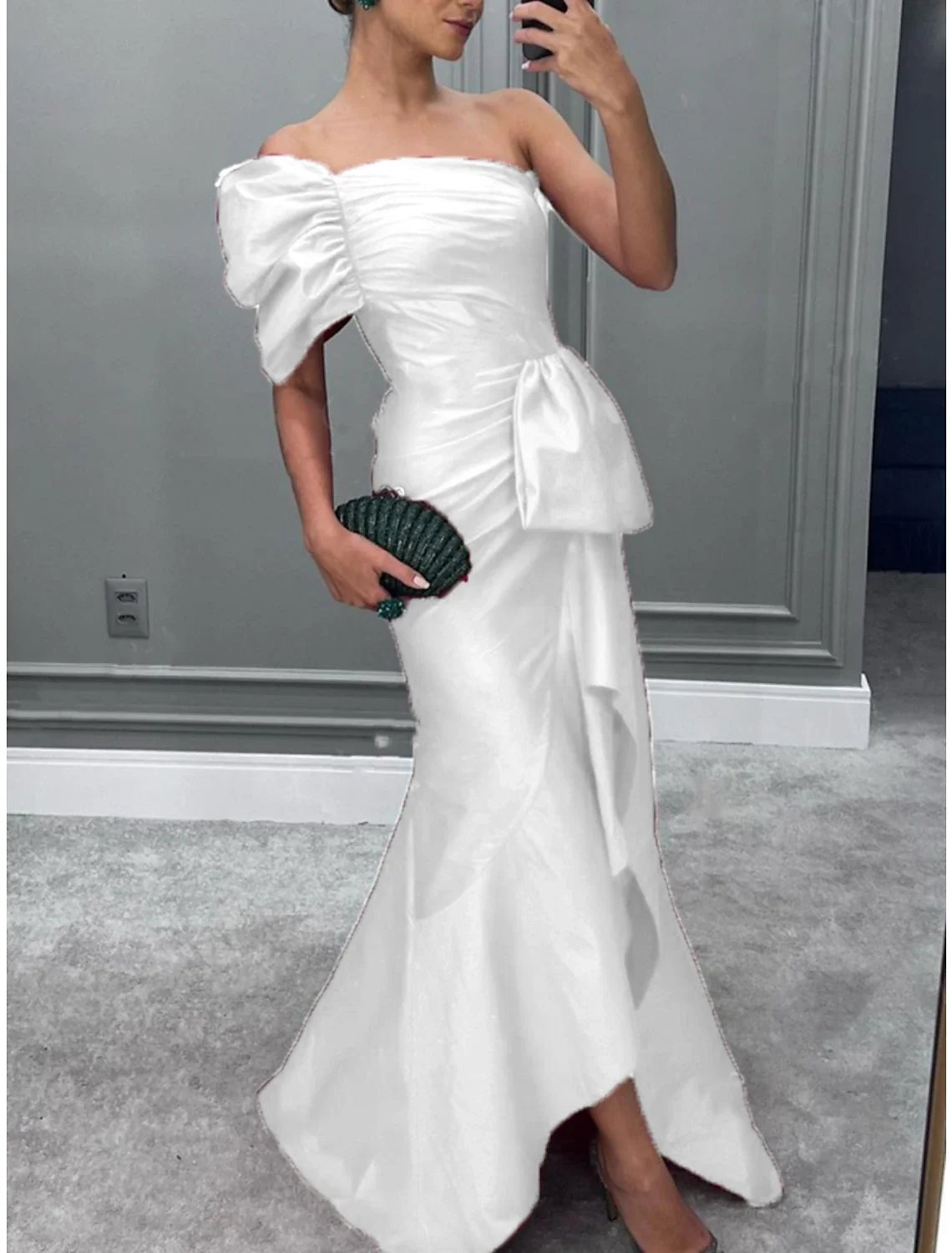 Green Mermaid One-Shoulder Satin Short Sleeve Ruffled Mini Evening Gown - Chloe Dress