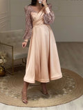 A-Line V-Neck Satin Long Sleeve Tea-Length Wedding Dress - Chloe Dress