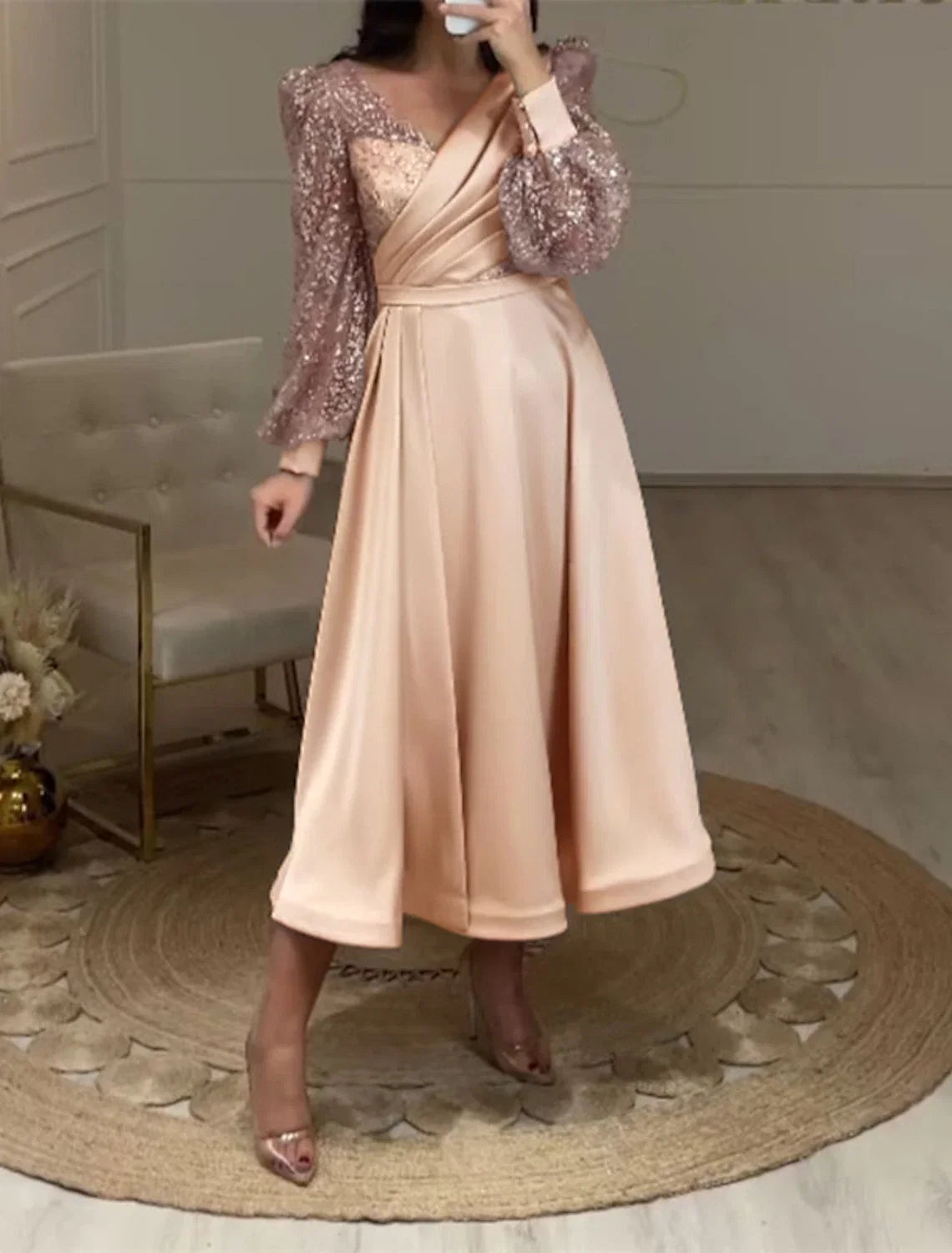 A-Line V-Neck Satin Long Sleeve Tea-Length Wedding Dress - Chloe Dress