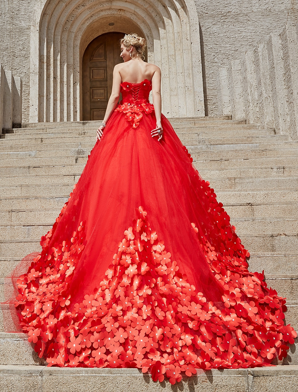 Ball Gown Strapless Lace Open Back Train Wedding Gown - Chloe Dress