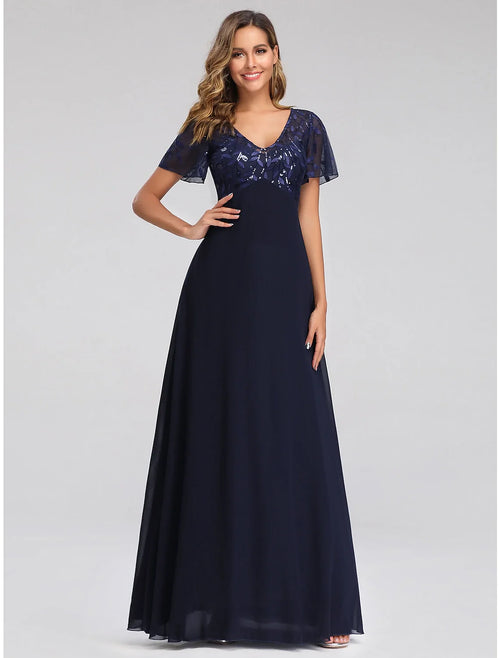 A-Line V-Neck Tulle Short Sleeve Applique Floor-Length Wedding Dress - Chloe Dress