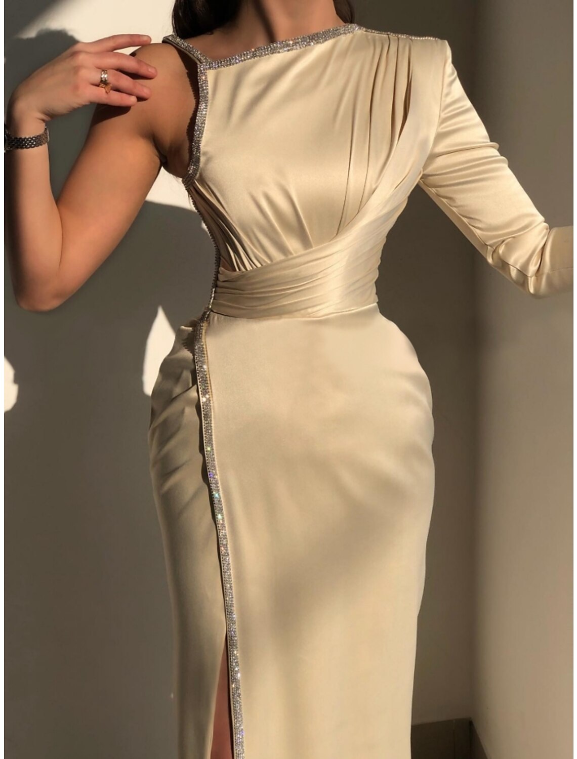 A-Line Satin Long Sleeve High Slit Evening Gown - Chloe Dress
