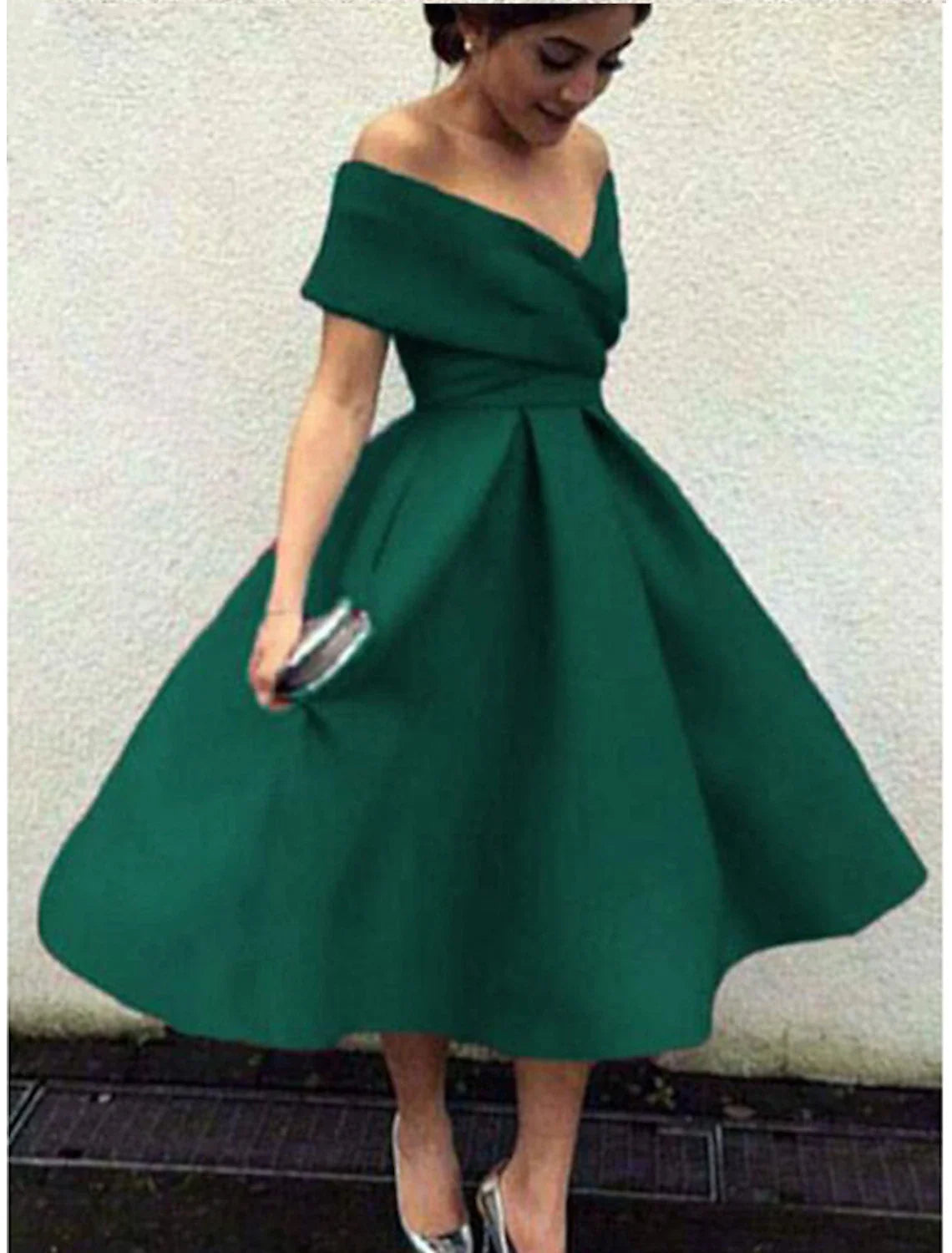 Green A-Line V-Neck Short Sleeve Pleated Mini Wedding Dress - Chloe Dress