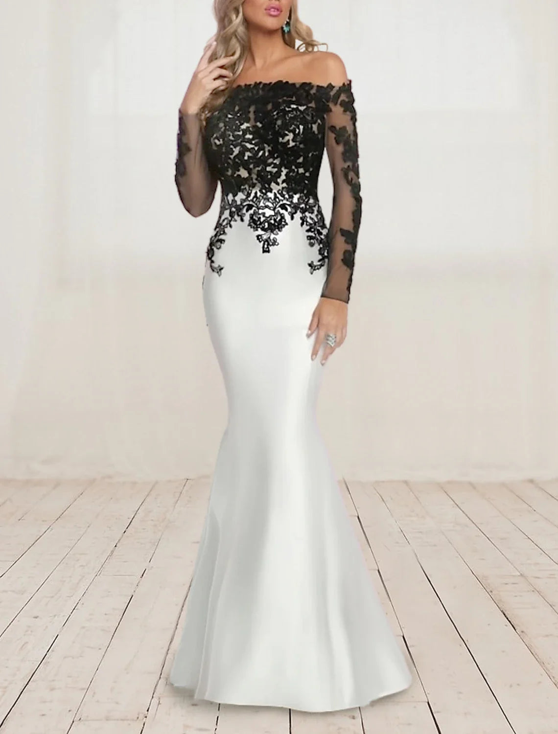 Mermaid Off-Shoulder Satin Long Sleeve Pleated Floor-Length Evening Gown - Chloe Dress