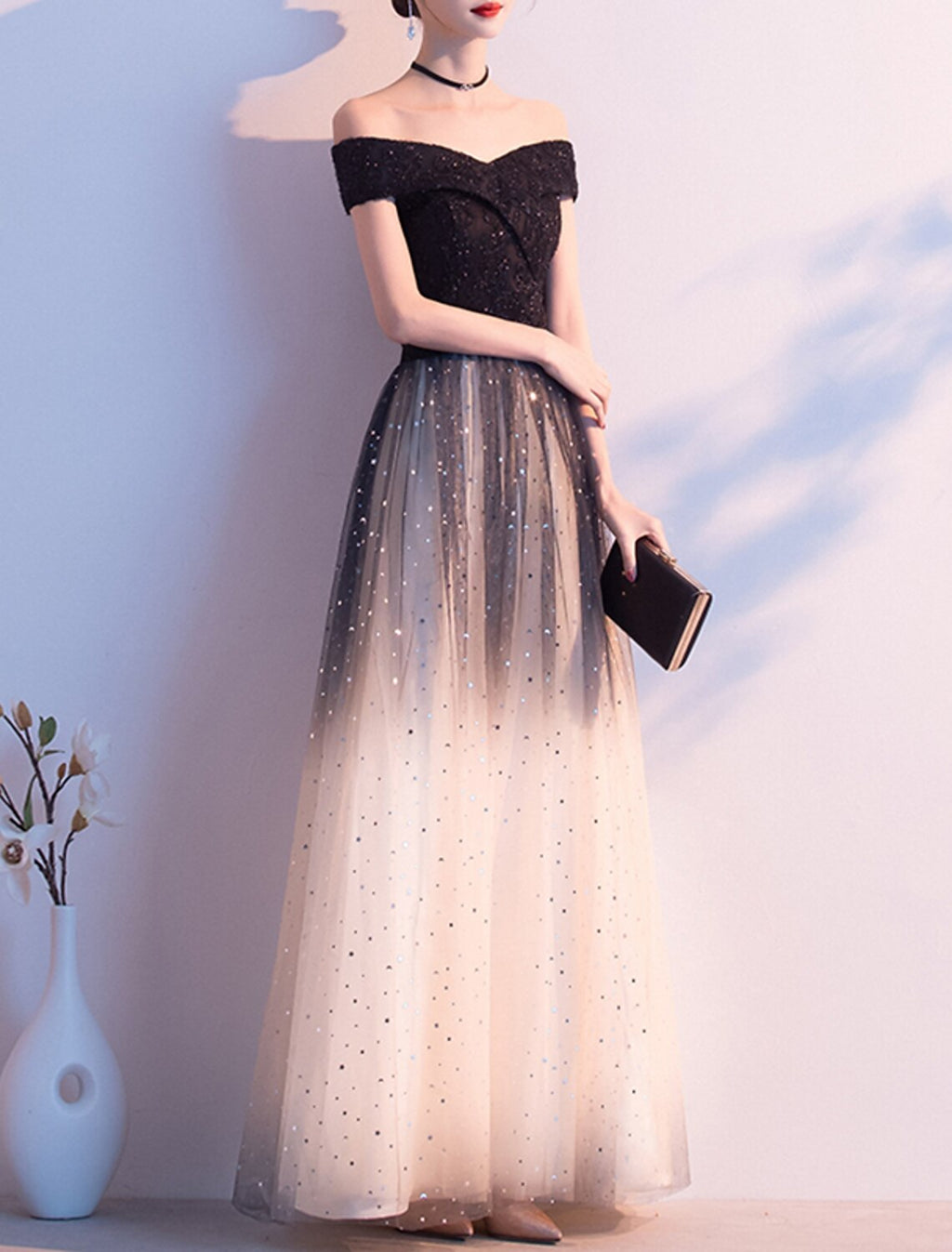 A-Line Off-Shoulder Tulle Short Sleeve Floor-Length Evening Gown - Chloe Dress