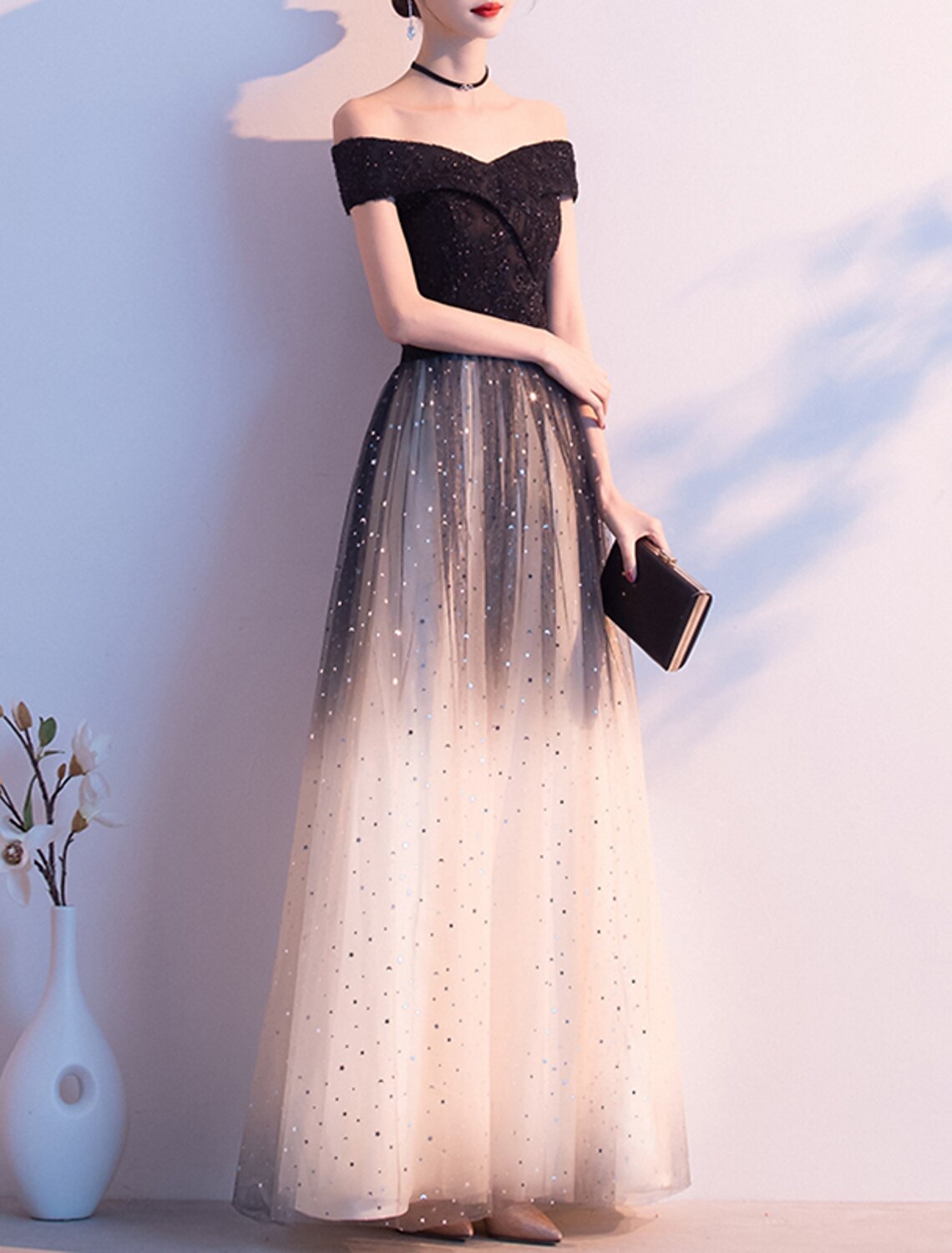 A-Line Off-Shoulder Tulle Short Sleeve Floor-Length Evening Gown - Chloe Dress