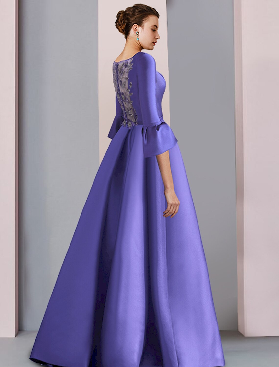 A-Line Satin Three-Quarter Sleeve Pleated Floor-Length Party Dress - Chloe Dress