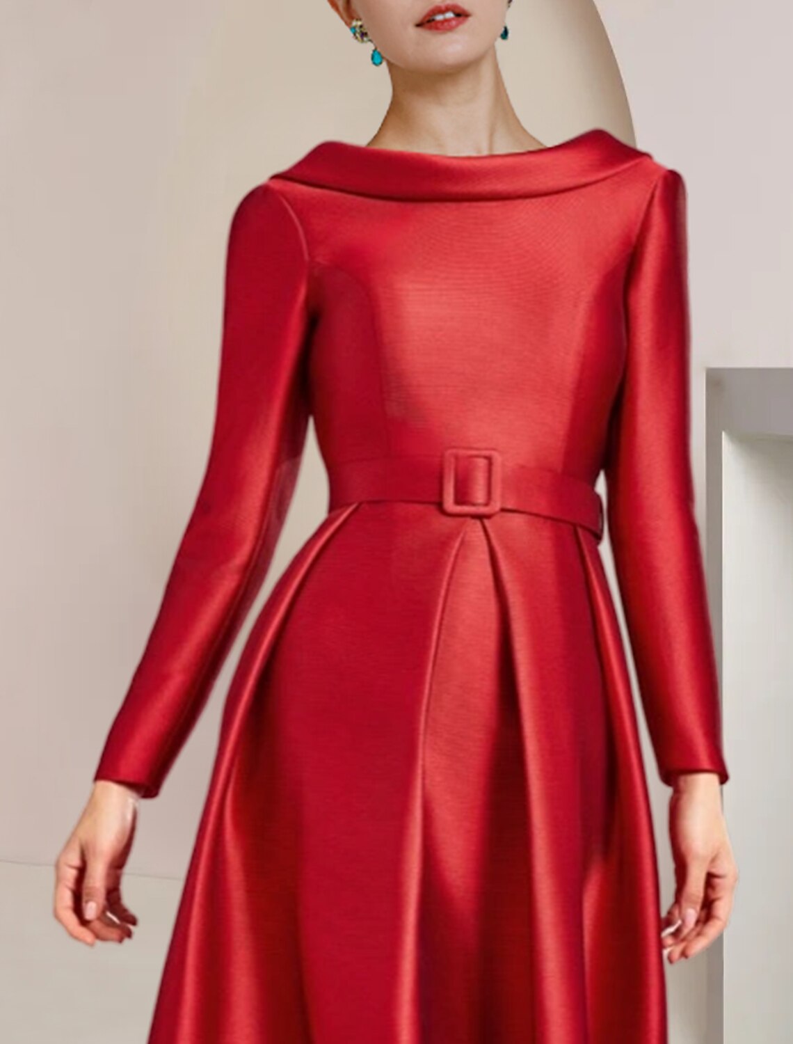 A-Line High Neck Satin Long Sleeve Asymmetric Knee-Length Wedding Dress - Chloe Dress