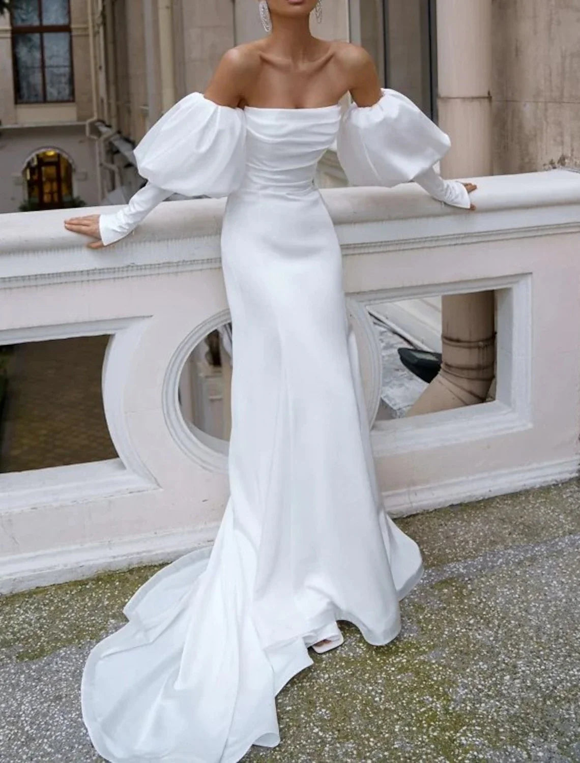 Mermaid Off-Shoulder Satin Long Sleeve Train Wedding Gown - Chloe Dress