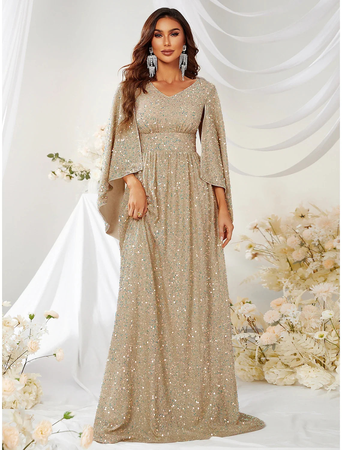 A-Line V-Neck Sequin Long Sleeve Train Evening Gown - Chloe Dress