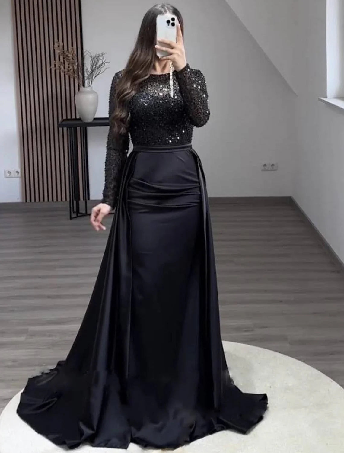 Mermaid Illusion Satin Long Sleeve Floor-Length Evening Gown - Chloe Dress