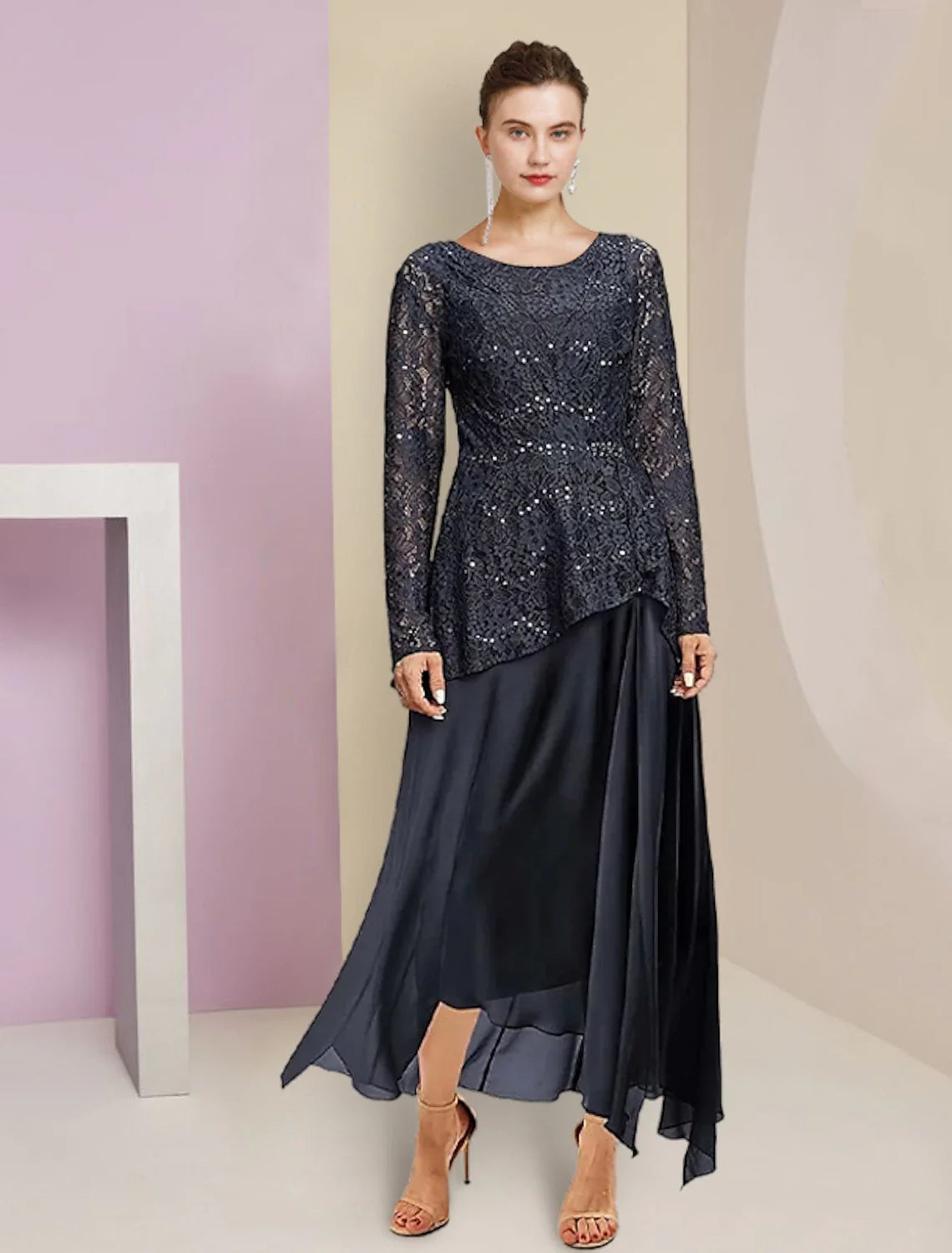 A-Line High Neck Chiffon Long Sleeve Pleated Tea-Length Wedding Dress - Chloe Dress