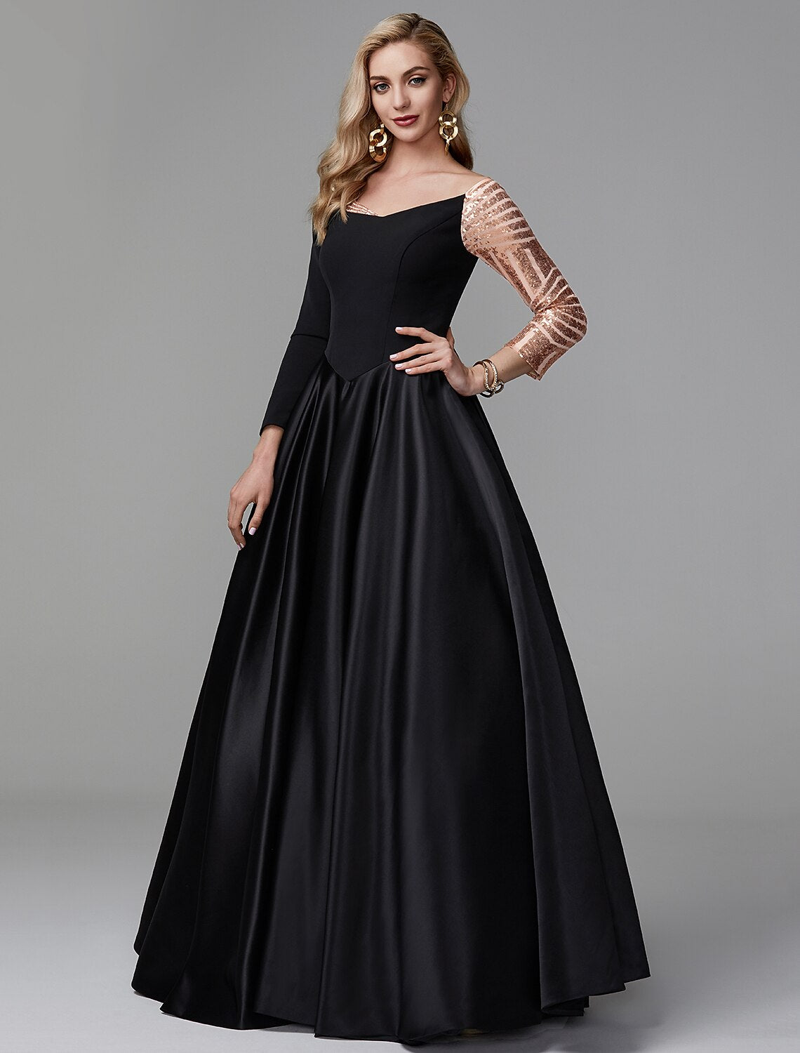 Black Ball Gown Off-Shoulder Satin Long Sleeve Floor-Length Evening Gown - Chloe Dress