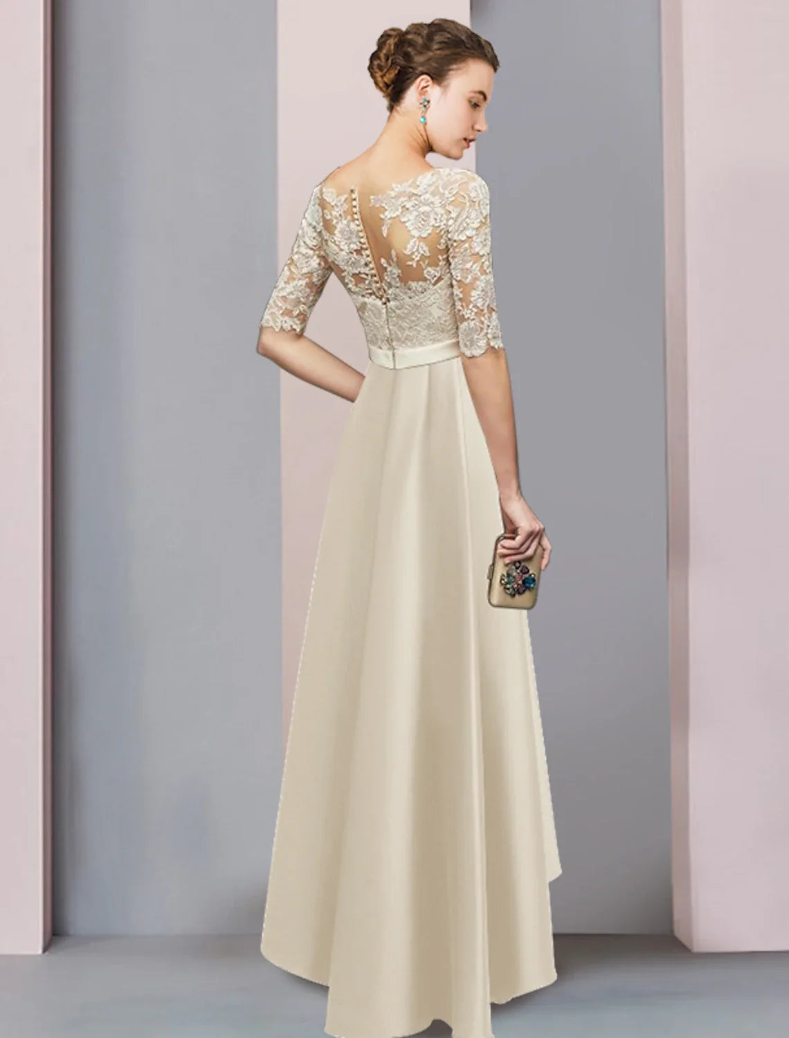 A-Line High Neck Satin Asymmetric Tea-Length Wedding Dress - Chloe Dress