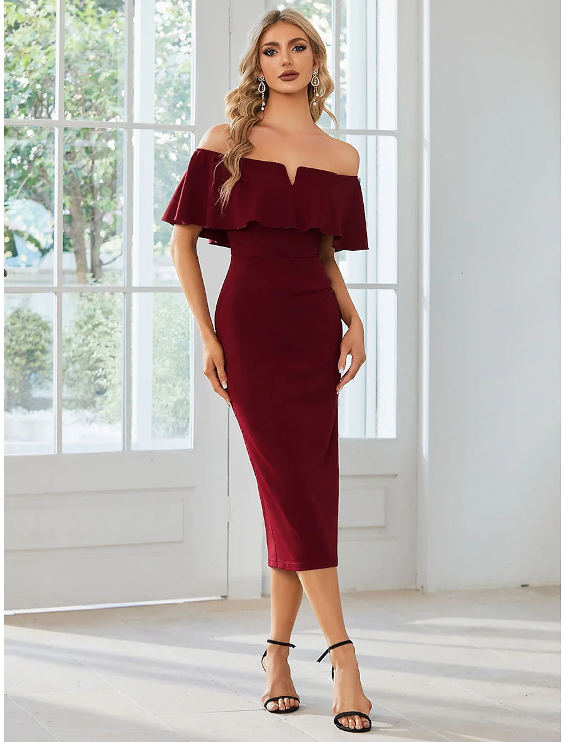 Sheath Off-Shoulder Short Sleeve High Slit Mini Wedding Dress - Chloe Dress
