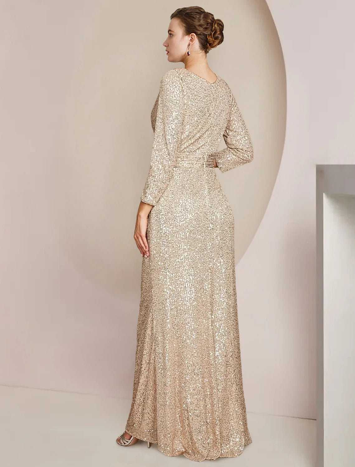 Sheath V-Neck Sequin Three-Quarter Sleeve Floor-Length Wedding Dress - Chloe Dress