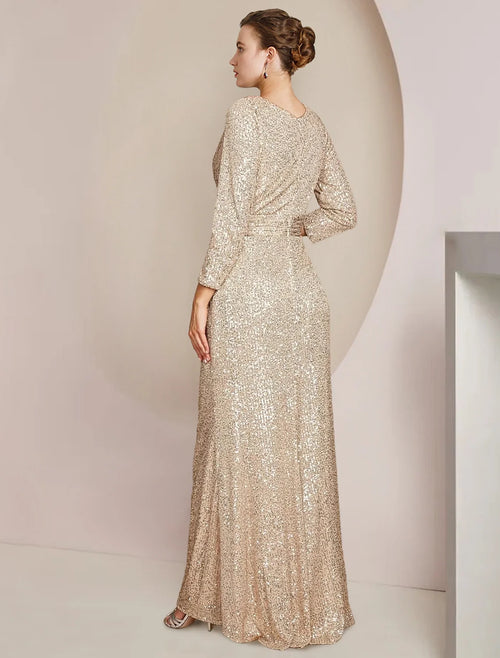 Sheath V-Neck Sequin Three-Quarter Sleeve Floor-Length Wedding Dress - Chloe Dress