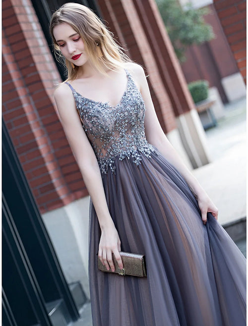 A-Line V-Neck Tulle Sleeveless Pleated Floor-Length Prom Dress - Chloe Dress