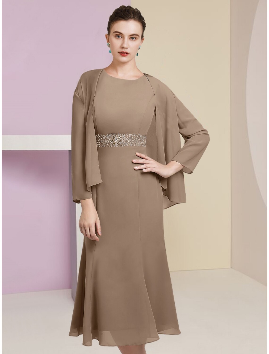 Mermaid Chiffon Long Sleeve Tea-Length Wedding Dress - Chloe Dress