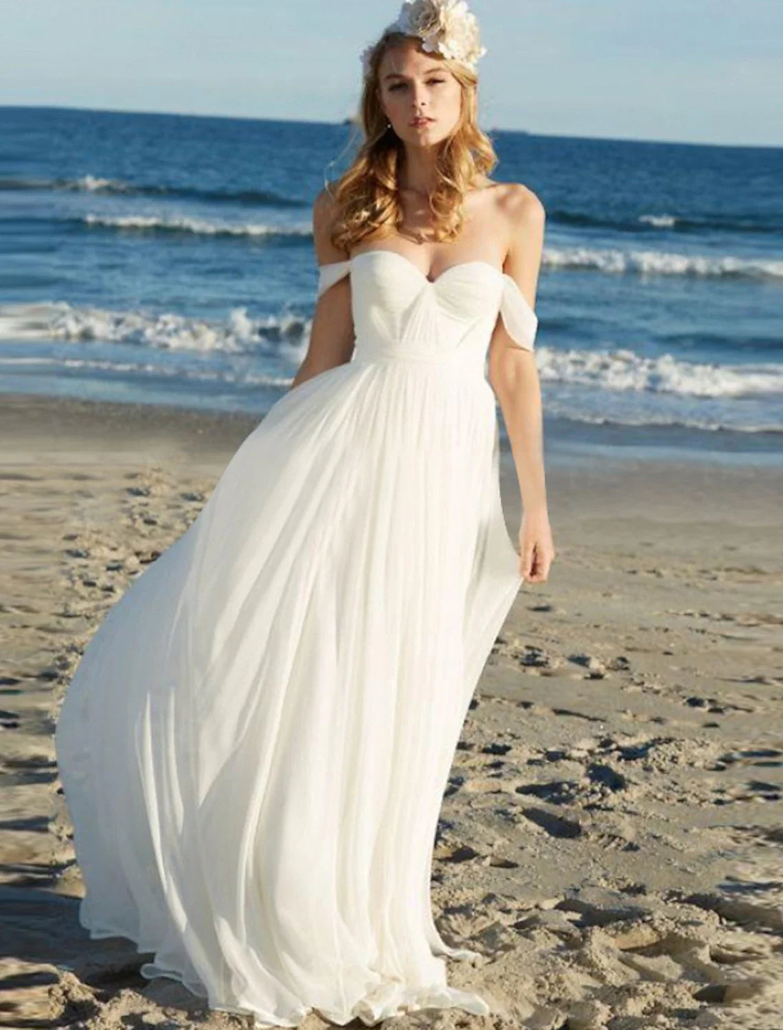A-Line Off-Shoulder Chiffon Cap Sleeve Pleated Floor-Length Wedding Gown - Chloe Dress