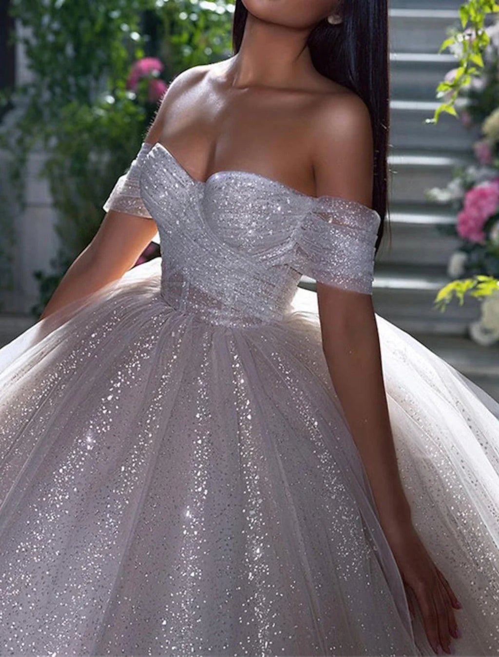Ball Gown Off-Shoulder Sequin Cap Sleeve Train Wedding Gown - Chloe Dress