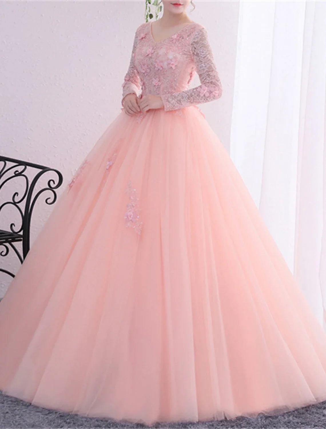 Ball Gown V-Neck Polyester Long Sleeve Applique Floor-Length Gown - Chloe Dress
