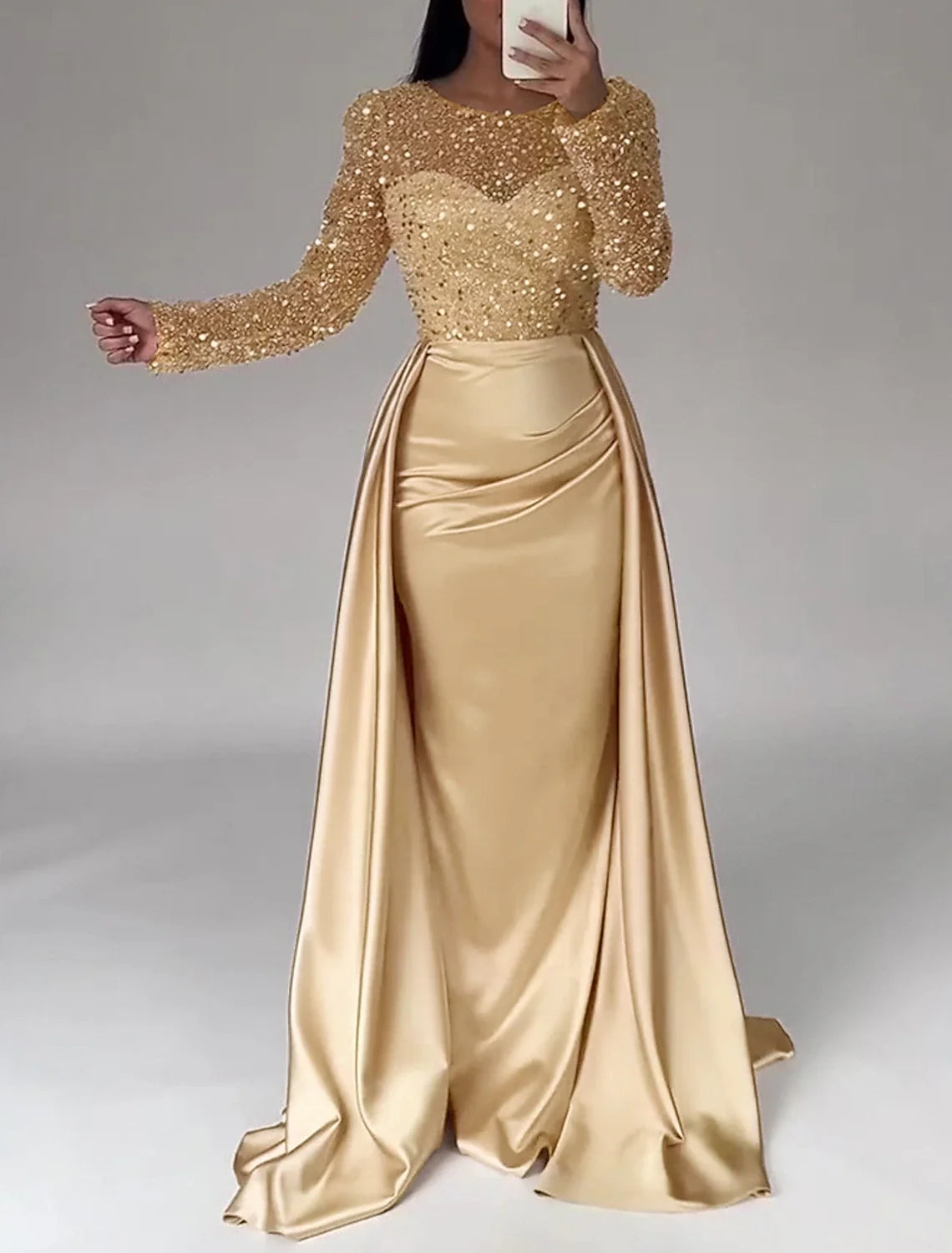 Mermaid Illusion Satin Long Sleeve Floor-Length Evening Gown - Chloe Dress