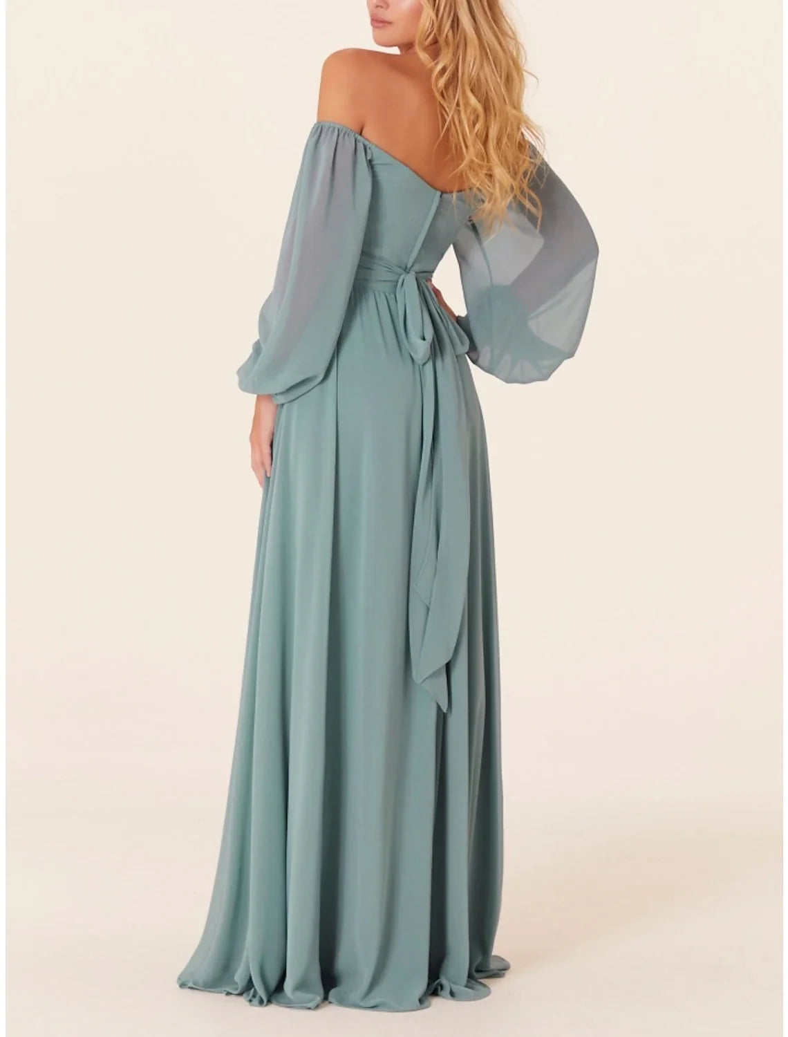 A-Line Square Neck Chiffon Long Sleeve Train Wedding Dress - Chloe Dress