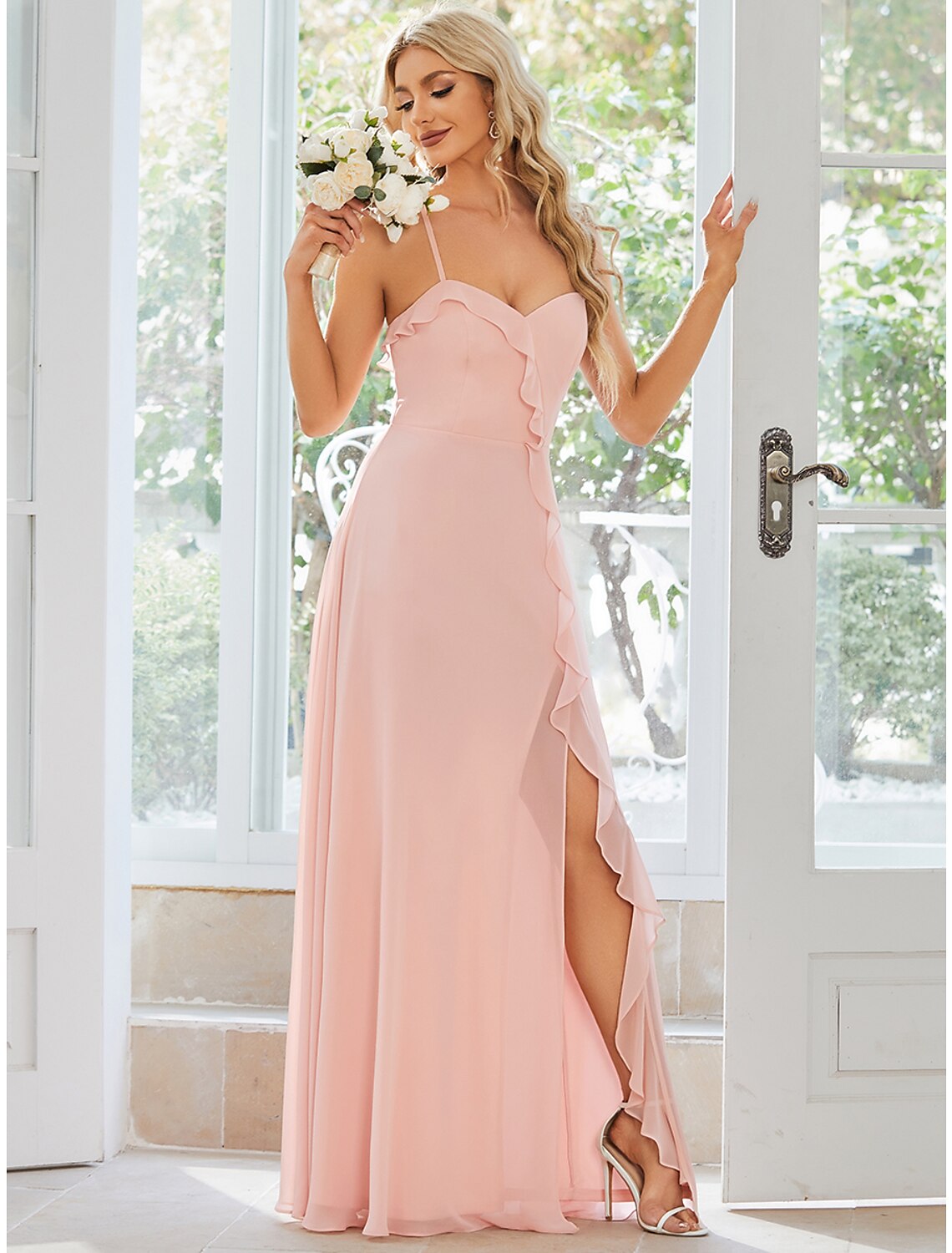 A-Line Spaghetti Strap Chiffon Sleeveless High Slit Floor-Length Wedding Dress - Chloe Dress