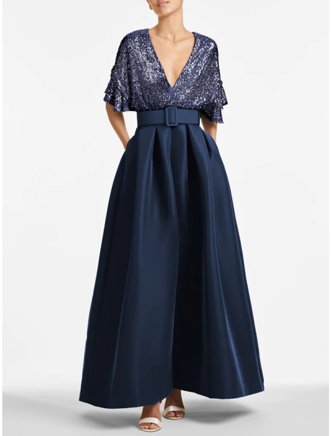 A-Line V-Neck Satin Pleated Ankle-Length Evening Gown - Chloe Dress
