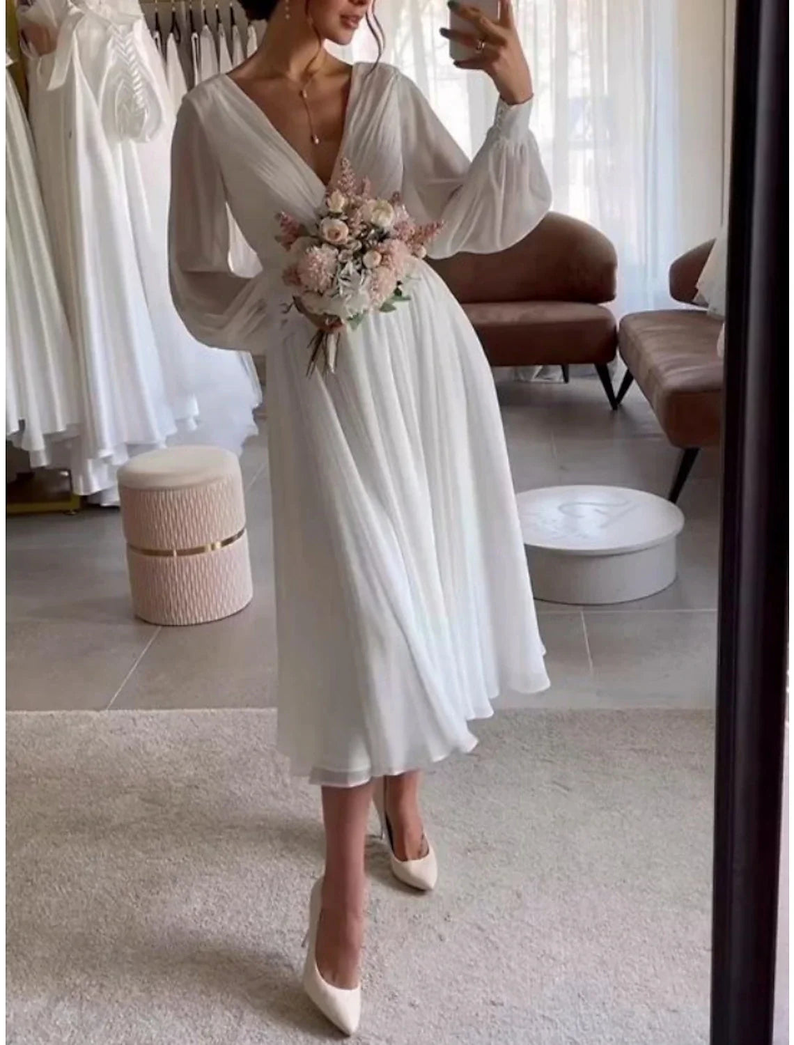 Ball Gown Off-Shoulder Satin Sleeveless Pleated Knee-Length Wedding Gown - Chloe Dress