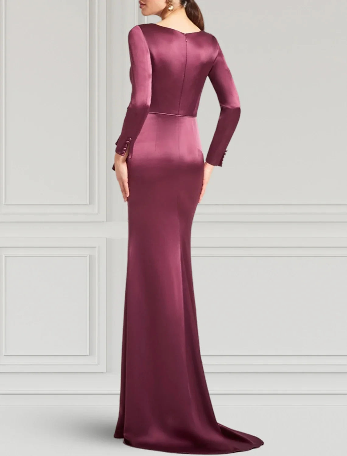 Sheath V-Neck Satin Long Sleeve Train Evening Gown - Chloe Dress