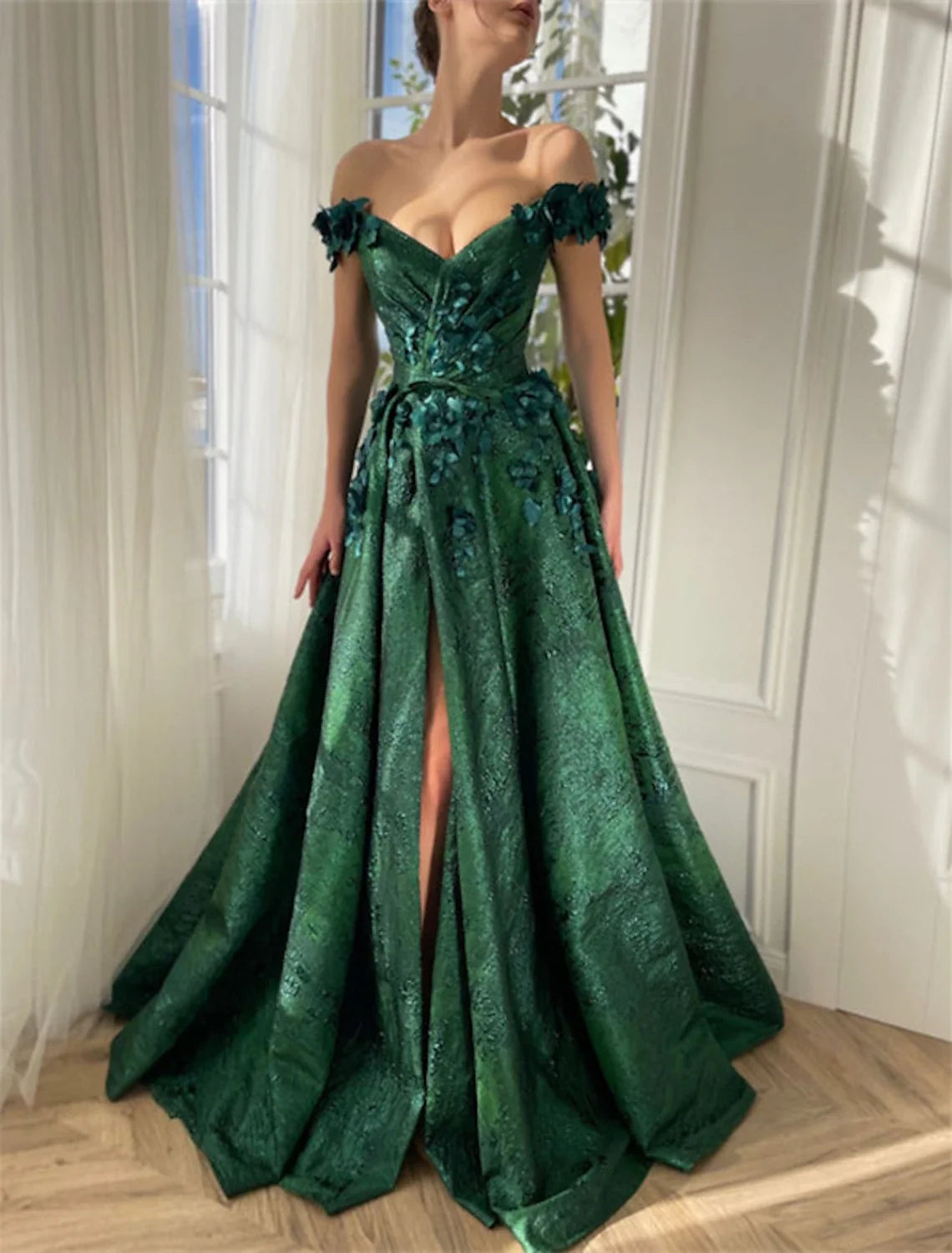 A-Line Off-Shoulder Satin Sleeveless High Slit Prom Dress - Chloe Dress