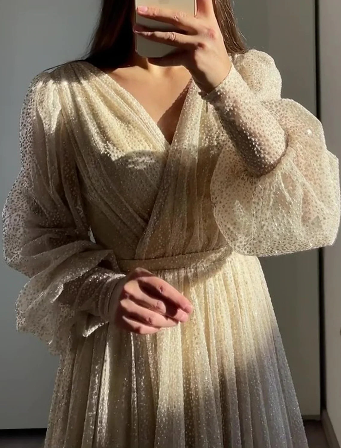 Black A-Line V-Neck Tulle Long Sleeve Floor-Length Prom Dress - Chloe Dress