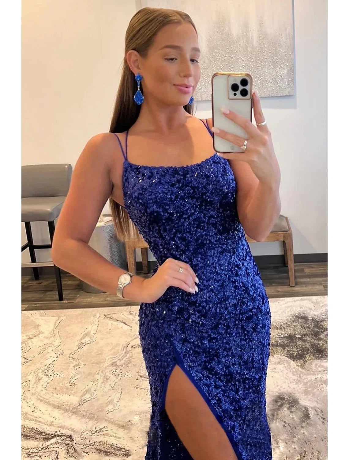 Mermaid Spaghetti Strap Sequin Sleeveless Backless High Slit Prom Dress - Chloe Dress