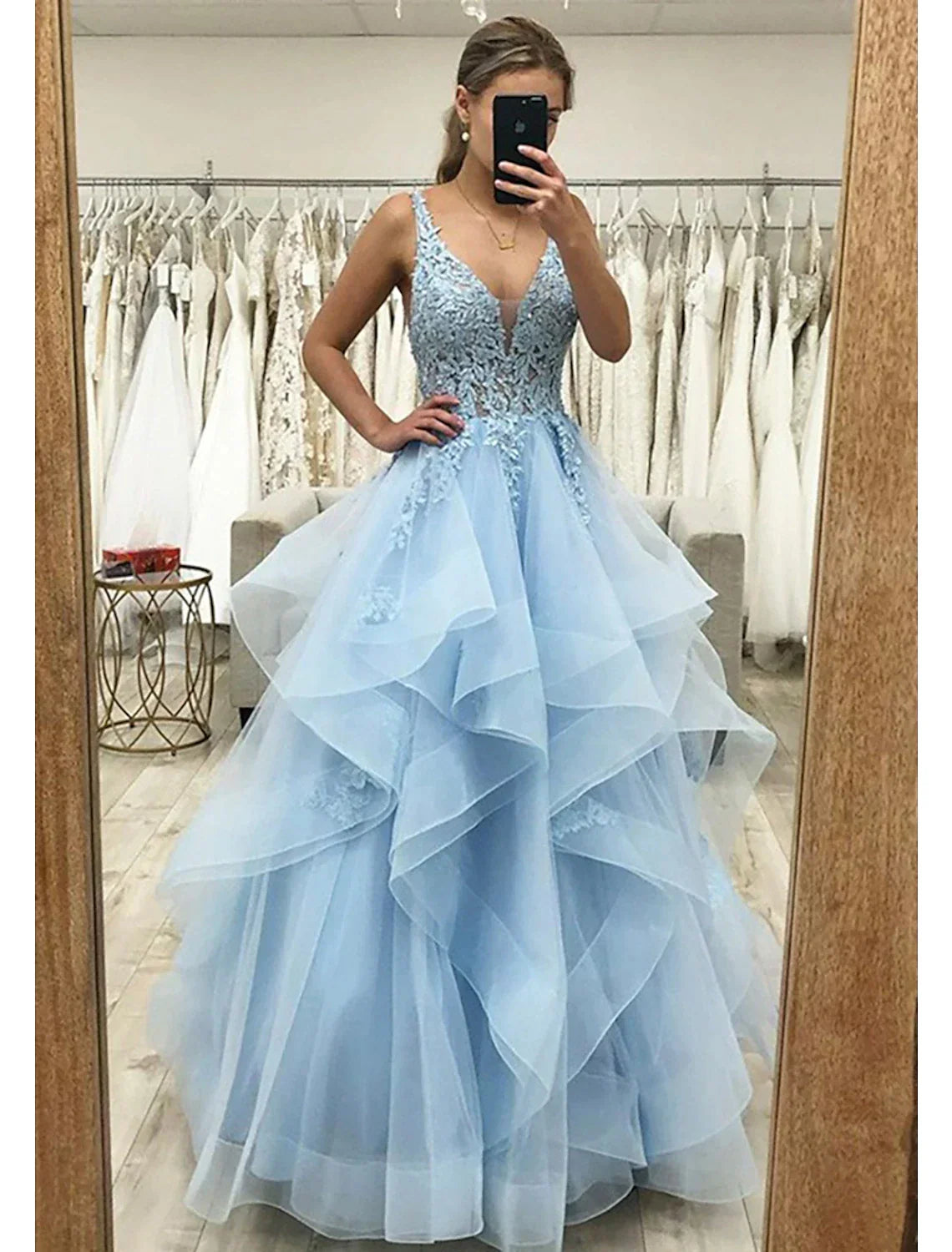 A-Line V-Neck Tulle Sleeveless Backless Pleated Floor-Length Prom Gown - Chloe Dress